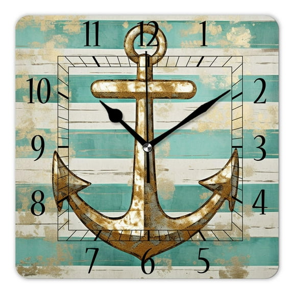 14 Inch Wall Clock Battery Operated Square Clock Decorative for Office, Kitchen, Outdoor, Living Room，Gold Anchor Dots Stripes Printed Lovely