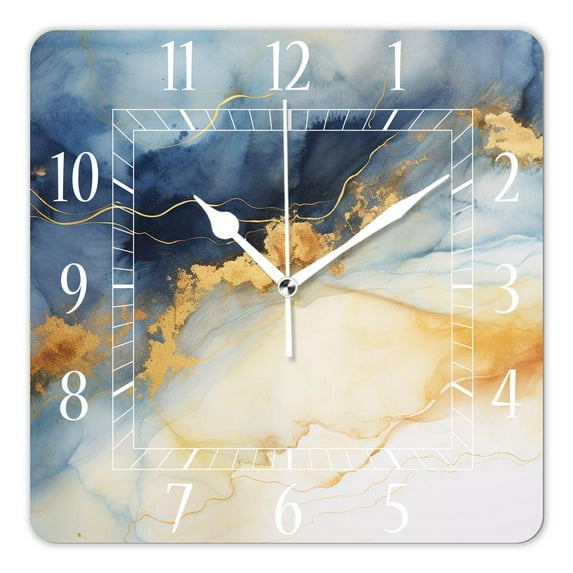 14 Inch Wall Clock Battery Operated Square Clock Decorative for Office, Kitchen, Outdoor, Living Room,Gold Blue Marble Abstract Painting Creative