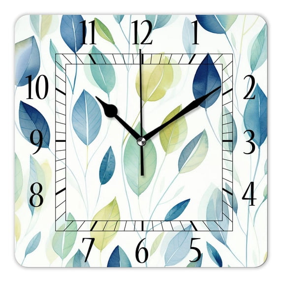14 Inch Wall Clock Battery Operated Square Clock Decorative for Office, Kitchen, Outdoor, Living Room,Green Branch and Leaves Design