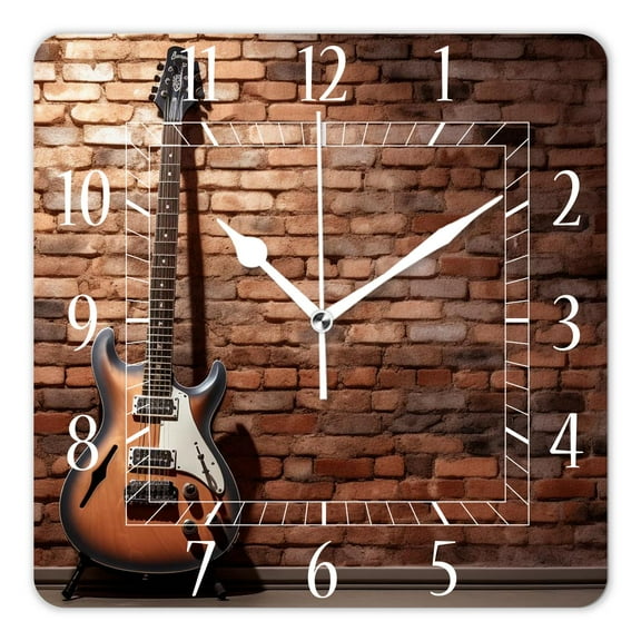 14 Inch Wall Clock Battery Operated Square Clock Decorative for Office, Kitchen, Outdoor, Living RoomGuitar Brick Wall Music Vintage Beautiful