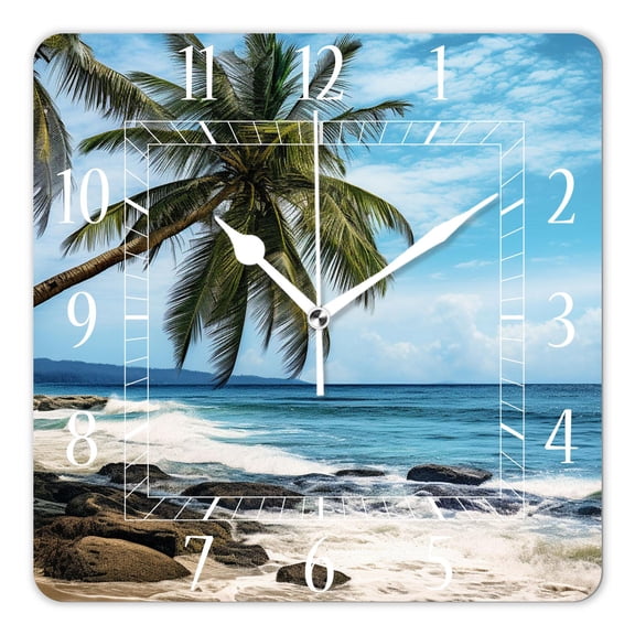 14 Inch Wall Clock Battery Operated Square Clock Decorative for Office, Kitchen, Outdoor, Living RoomHawaii Beach with Palm Trees Colorful Pattern