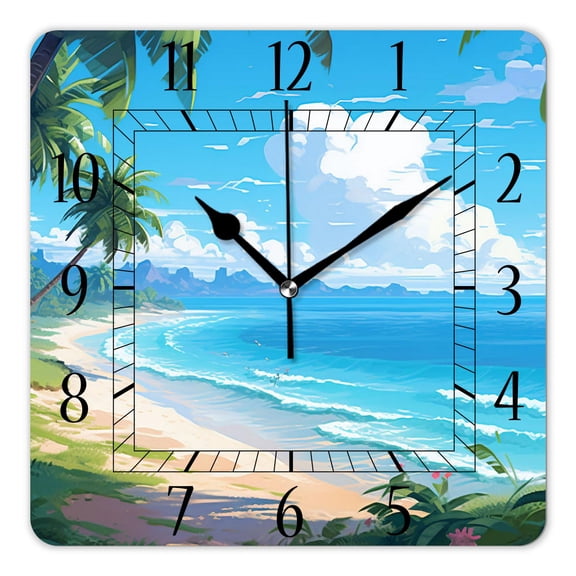 14 Inch Wall Clock Battery Operated Square Clock Decorative for Office, Kitchen, Outdoor, Living RoomHawaii Beach with Palm Trees Graceful Design