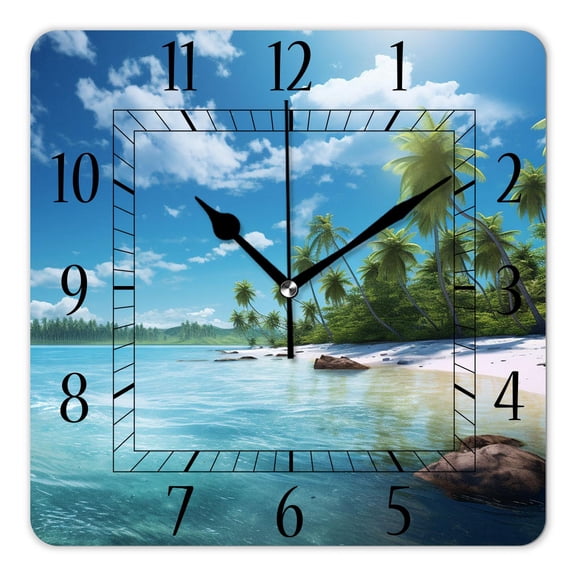 14 Inch Wall Clock Battery Operated Square Clock Decorative for Office, Kitchen, Outdoor, Living Room，Hawaii Palm Tropical Beach Art