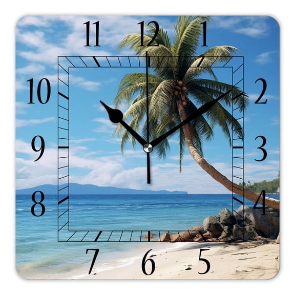 14 Inch Wall Clock Battery Operated Square Clock Decorative for Office, Kitchen, Outdoor, Living Room，Hawaii Palm Tropical Beach Exquisite