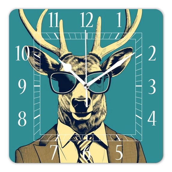 14 Inch Wall Clock Battery Operated Square Clock Decorative for Office, Kitchen, Outdoor, Living Room,Hipster Deer Funny Animal Creative