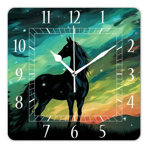 14 Inch Wall Clock Battery Operated Square Clock Decorative for Office, Kitchen, Outdoor, Living RoomHorse on Moonlight Picture