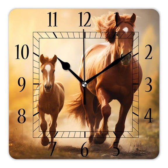 14 Inch Wall Clock Battery Operated Square Clock Decorative for Office, Kitchen, Outdoor, Living RoomMare Teaching Her Cute New Foal Creative