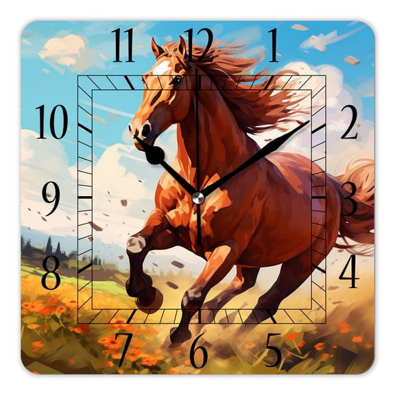 14 Inch Wall Clock Battery Operated Square Clock Decorative for Office, Kitchen, Outdoor, Living RoomMare Teaching Her Cute New Foal Cute Pattern