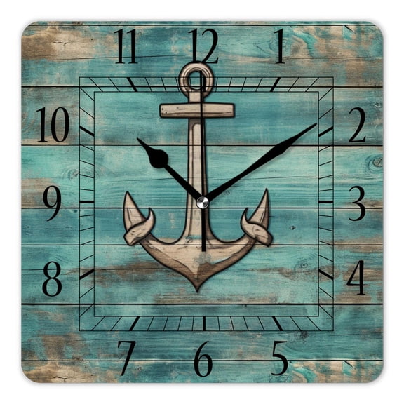 14 Inch Wall Clock Battery Operated Square Clock Decorative for Office, Kitchen, Outdoor, Living RoomNautical Anchor Rustic Wooden Vintage Beautiful