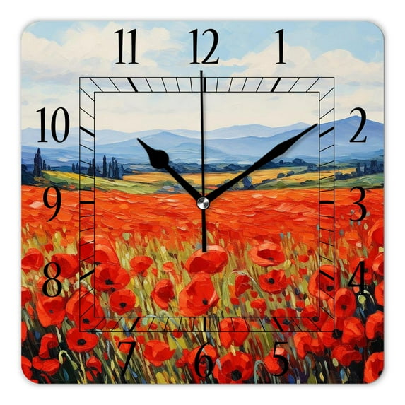 14 Inch Wall Clock Battery Operated Square Clock Decorative for Office, Kitchen, Outdoor, Living Room，Oil Painting Red Flowers Colorful Design