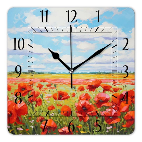 14 Inch Wall Clock Battery Operated Square Clock Decorative for Office, Kitchen, Outdoor, Living RoomOil Painting Red Flowers Print