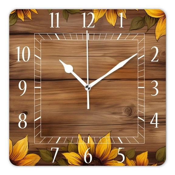 14 Inch Wall Clock Battery Operated Square Clock Decorative for Office, Kitchen, Outdoor, Living RoomOld Wooden Sunflower Floral Colorful Pattern