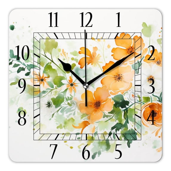 14 Inch Wall Clock Battery Operated Square Clock Decorative for Office, Kitchen, Outdoor, Living Room,Orange Flowers Colorful Pattern