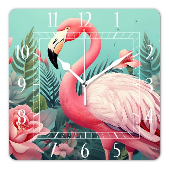 14 Inch Wall Clock Battery Operated Square Clock Decorative for Office, Kitchen, Outdoor, Living RoomPalm Leaf Tropical Plant Pink Flamingo Style