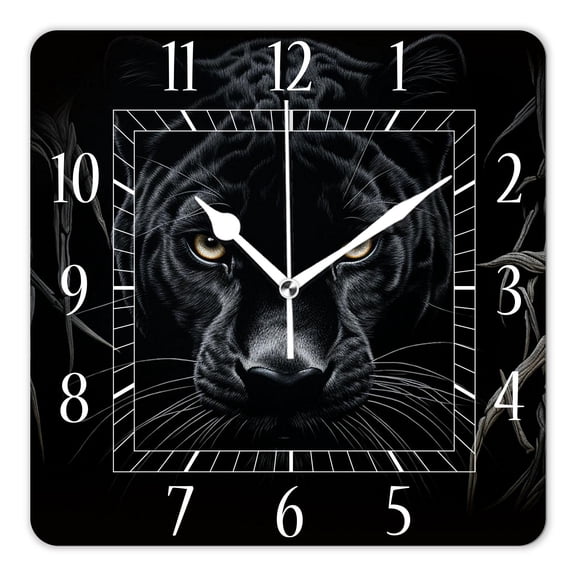 14 Inch Wall Clock Battery Operated Square Clock Decorative for Office, Kitchen, Outdoor, Living Room，Panther Animal Black Picture