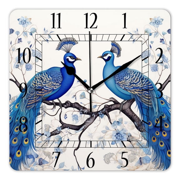 14 Inch Wall Clock Battery Operated Square Clock Decorative for Office, Kitchen, Outdoor, Living Room，Peacock Flower Watercolor Design