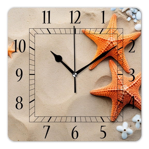 14 Inch Wall Clock Battery Operated Square Clock Decorative for Office, Kitchen, Outdoor, Living RoomStarfish Beach Sand Lovely Design