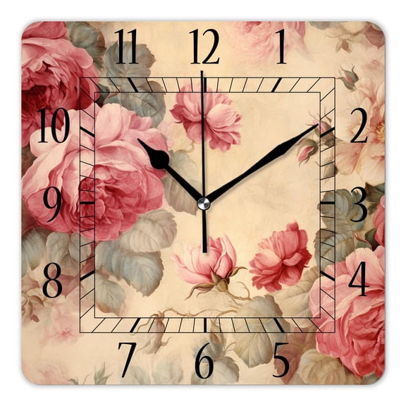 14 Inch Wall Clock Battery Operated Square Clock Decorative for Office, Kitchen, Outdoor, Living RoomVintage Shabby Chic Pink Rose Floral Picture