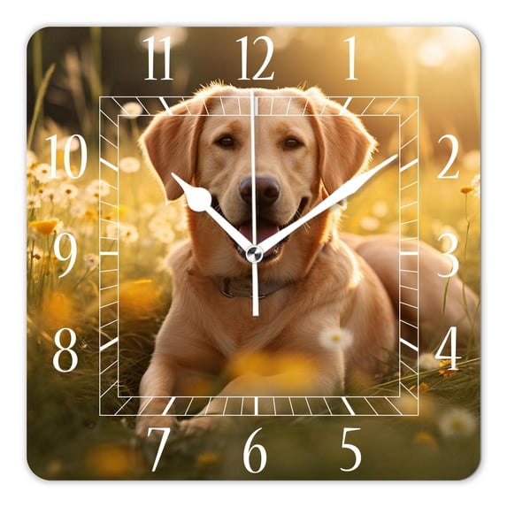 14 Inch Wall Clock Battery Operated Square Clock Decorative for Office, Kitchen, Outdoor, Living Room，Yellow Labrador Puppy Playing Beautiful