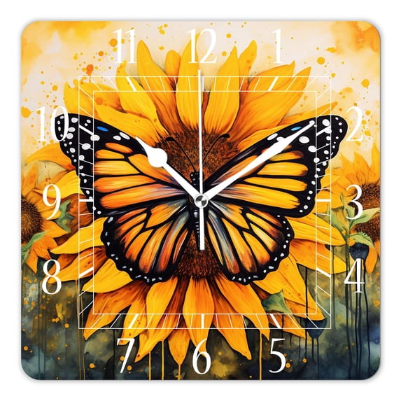 14 Inch Wall Clock Battery Operated Square Clock Decorative for Office, Kitchen, Outdoor, Living Room,Yellow Sunflower Butterfly Animal Pattern