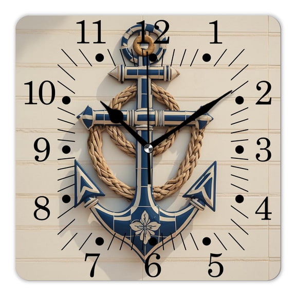 14 Inch Wall Clock Battery Operated Square Clock for Office, Kitchen, Outdoor, Living Room,Anchor Wooden White Rusty Marine Boating Anchor Design Drawing