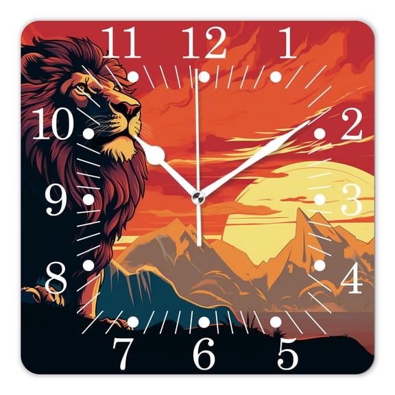 14 Inch Wall Clock Battery Operated Square Clock for Office, Kitchen, Outdoor, Living Room,Black Lion on Rock Silhouette with Sunset African on Red Creative