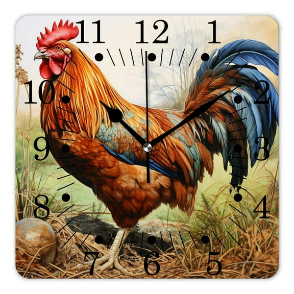 14 Inch Wall Clock Battery Operated Square Clock for Office, Kitchen, Outdoor, Living Room,Bright Colored Rooster Chicken In Green Grass Field Woodland Creative