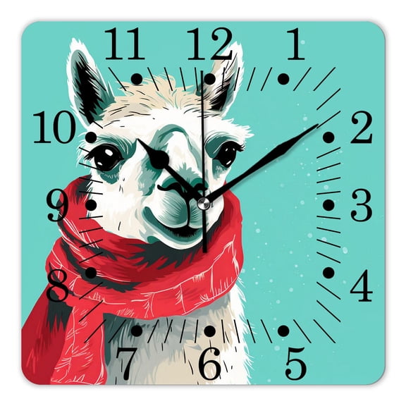 14 Inch Wall Clock Battery Operated Square Clock for Office, Kitchen, Outdoor, Living Room,Funny Alpaca Lama with Scarf on Blue Cartoon Character Animal Llama Creative