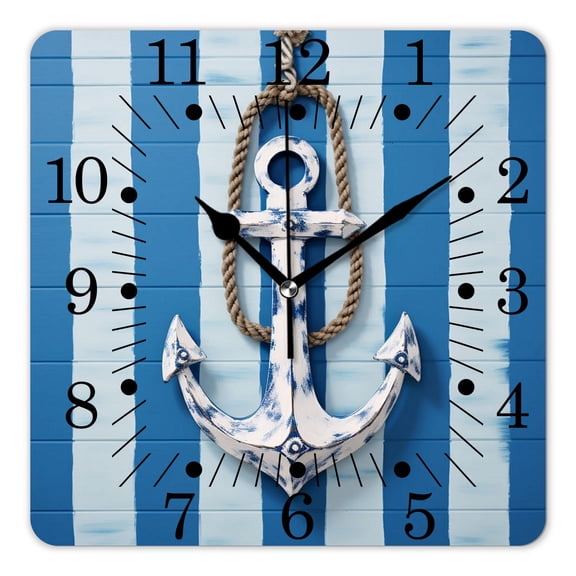 14 Inch Wall Clock Battery Operated Square Clock for Office, Kitchen, Outdoor, Living Room,Nautical Anchor with Rope on Turquoise Blue Grunge Wooden Print
