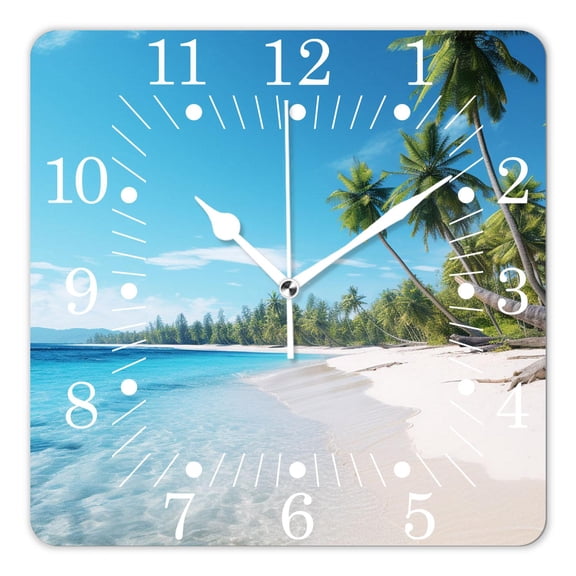 14 Inch Wall Clock Battery Operated Square Clock for Office, Kitchen, Outdoor, Living Room,Ocean Beach Palm Tree Blue Sky White Cloud Tropical Summer Lovely