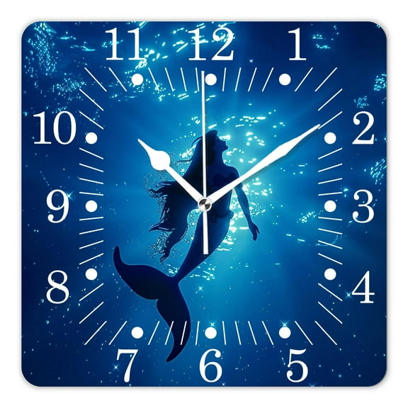 14 Inch Wall Clock Battery Operated Square Clock for Office, Kitchen, Outdoor, Living Room,Ocean Mermaid Underwater Bubble Spiral Bright Sunshine Stunning