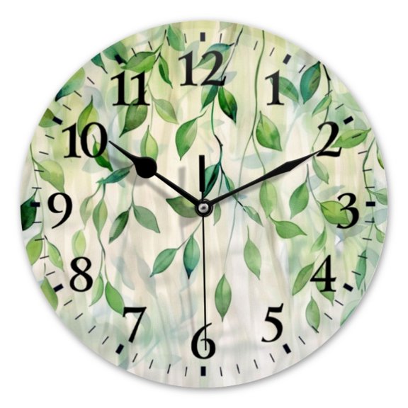 14 Inch Wall Clock Battery Operated Square Clock for Office, Kitchen, Outdoor, Living Room, Soft Watercolor Painting Of Hanging Green Leaves On Delicate Vines