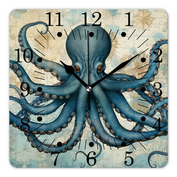 14 Inch Wall Clock Battery Operated Square Clock for Office, Kitchen, Outdoor, Living Room,Vintage Nautical Map Octopus Starfish Aquatic Ocean Print Picture