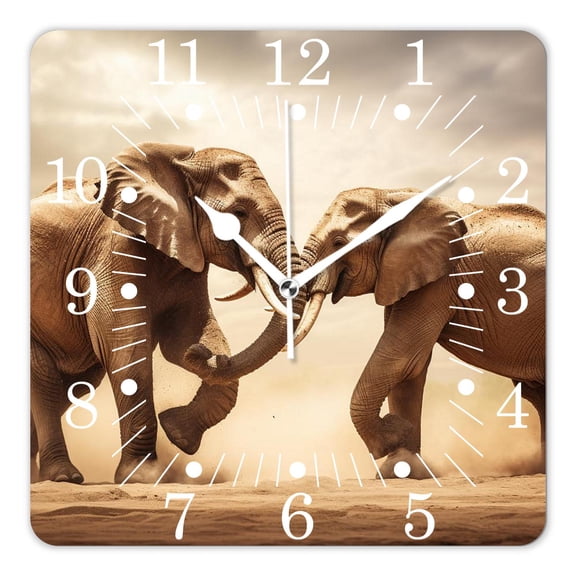 14 Inch Wall Clock Battery Operated Square Clock for Office, Kitchen, Outdoor, Living Room,2 Wild Savannah Animals Wrestling and Playing Pattern