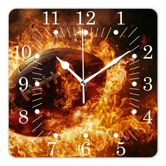 14 Inch Wall Clock Battery Operated Square Clock for Office, Kitchen, Outdoor, Living Room,American Football Ball In Fire Adorable