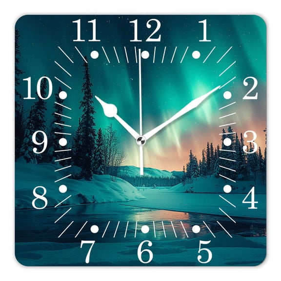 14 Inch Wall Clock Battery Operated Square Clock for Office, Kitchen, Outdoor, Living Room,Aurora Borealis Wonderland Cute