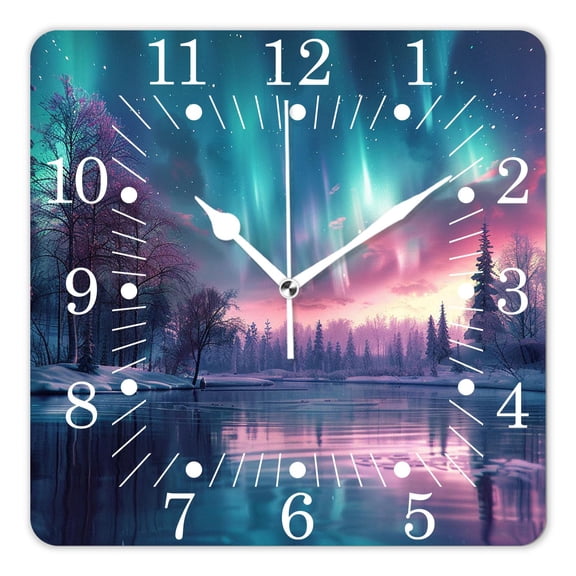 14 Inch Wall Clock Battery Operated Square Clock for Office, Kitchen, Outdoor, Living Room,Aurora Borealis Wonderland Elaborate