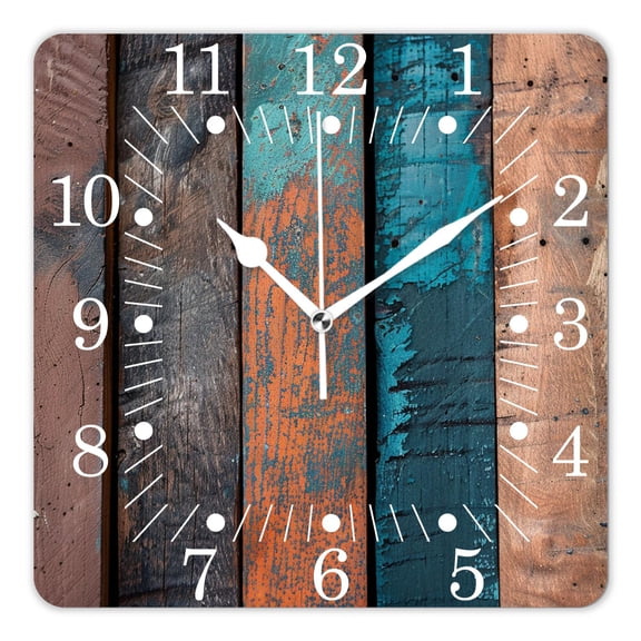 14 Inch Wall Clock Battery Operated Square Clock for Office, Kitchen, Outdoor, Living Room,Blue Planks Wooden Brown Elaborate