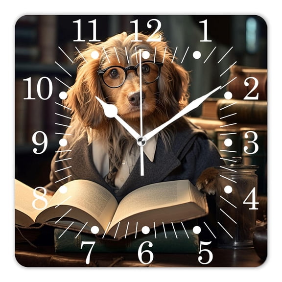14 Inch Wall Clock Battery Operated Square Clock for Office, Kitchen, Outdoor, Living Room,Dachshund Puppy Dog Bookworm Library Vintage Exquisite