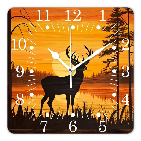 14 Inch Wall Clock Battery Operated Square Clock for Office, Kitchen, Outdoor, Living Room,Deer Animal In Sunset Forest Woodland on Wooden Beautiful