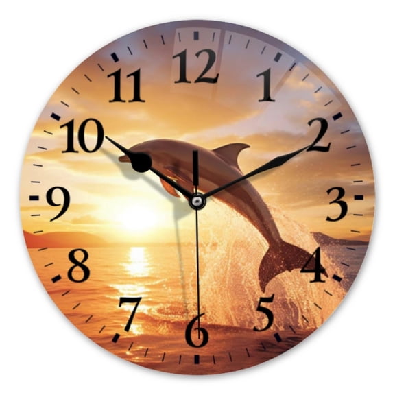 14 Inch Wall Clock Battery Operated Square Clock for Office, Kitchen, Outdoor, Living Room, Dolphins Jumping Out Of The Water At Sunset