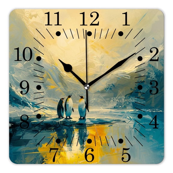 14 Inch Wall Clock Battery Operated Square Clock for Office, Kitchen, Outdoor, Living Room,Emperor Penguin with Chick Child In South Pole Lovely