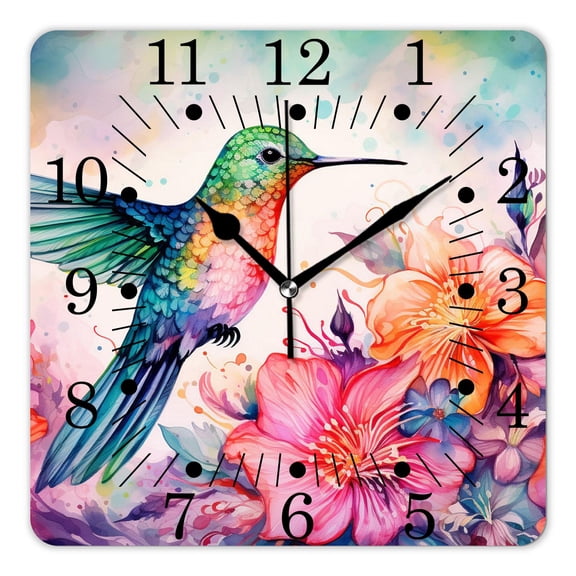 14 Inch Wall Clock Battery Operated Square Clock for Office, Kitchen, Outdoor, Living Room,Exotic Flowers Hummingbird Birds Elegant
