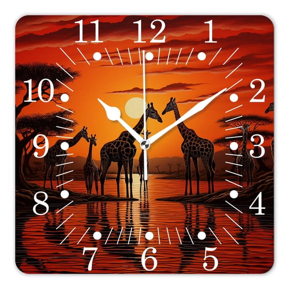 14 Inch Wall Clock Battery Operated Square Clock for Office, Kitchen, Outdoor, Living Room,Family Giraffe Sunset Landscape Nature Scenery Style