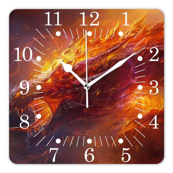 14 Inch Wall Clock Battery Operated Square Clock for Office, Kitchen, Outdoor, Living Room,Fire Head of Dragon Attractive