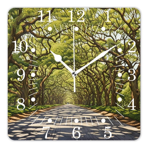 14 Inch Wall Clock Battery Operated Square Clock for Office, Kitchen, Outdoor, Living Room,Forest Pathway Strong Spring Trees Serene Nature Pattern