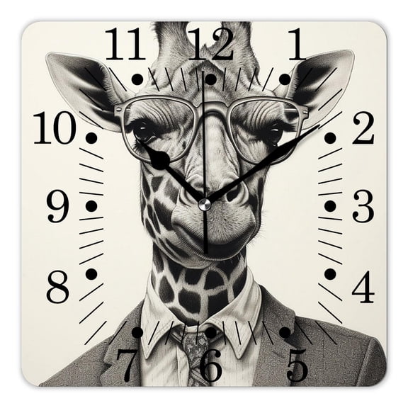 14 Inch Wall Clock Battery Operated Square Clock for Office, Kitchen, Outdoor, Living Room,Funny Giraffe In American Flag Heart Glasses Painting