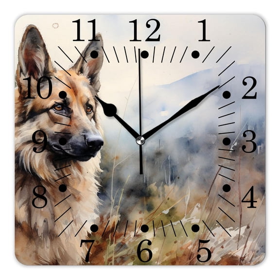 14 Inch Wall Clock Battery Operated Square Clock for Office, Kitchen, Outdoor, Living Room,German Shepherd In Watercolor Green Forest Elegant
