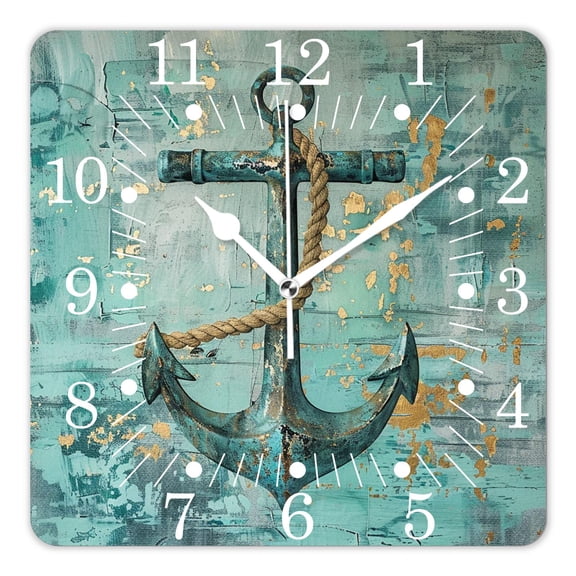 14 Inch Wall Clock Battery Operated Square Clock for Office, Kitchen, Outdoor, Living Room,Gold Anchor Stripes Dots Pretty