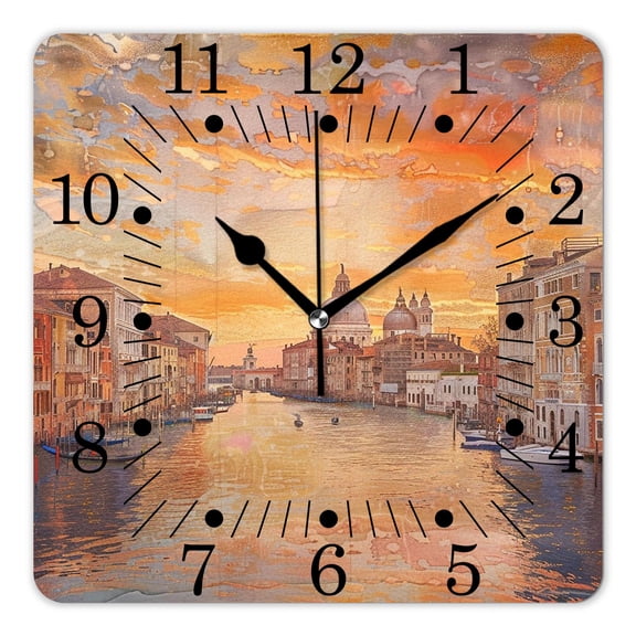 14 Inch Wall Clock Battery Operated Square Clock for Office, Kitchen, Outdoor, Living Room,Italy Sunset Venice Cityscape Fantastic